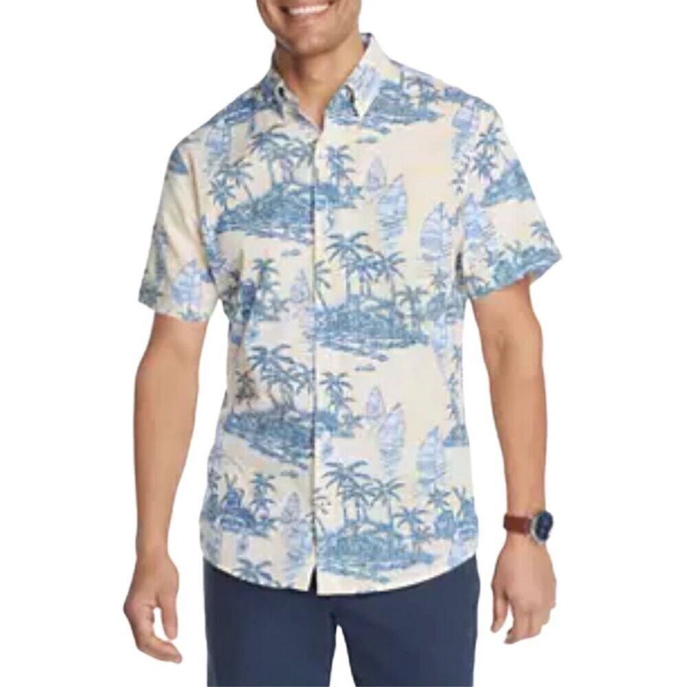 Izod Saltwater Hawaiian Tropical Yellow Blue Shirt LARGE Cruisewear‎ Casual